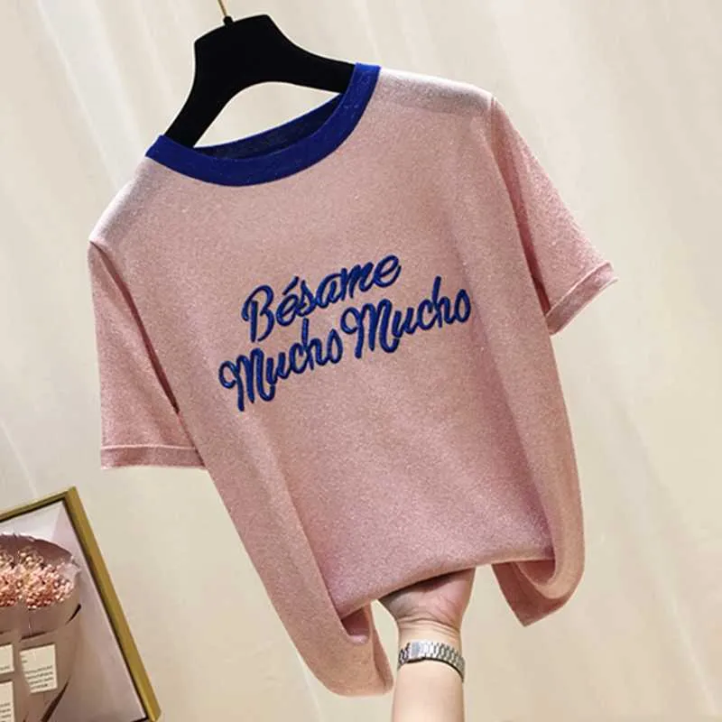 Glitter Femmes Sweater mince Shiny Summer Letter Broderie Pullovers Lady Sweaters Basic Femelle Rose Tricot Sweater Sleeve Court 210604