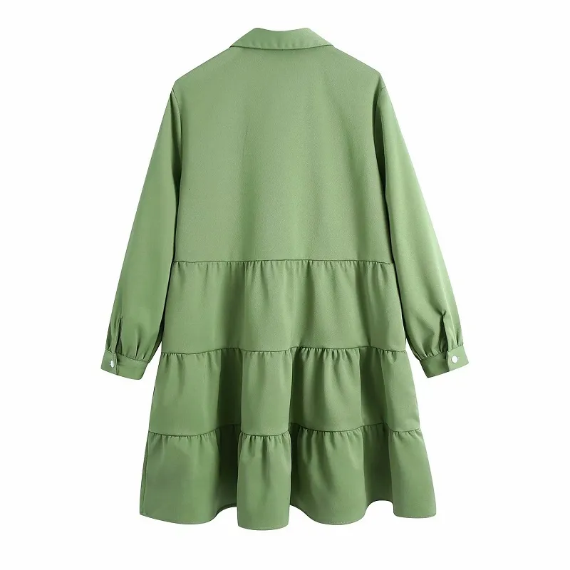 Vårgrön Vit Vintage Ruffle Mini Klänning Kvinnor Smock Design Pläterad Kvinna Långärmad Casual Fickor Vestidos 210430