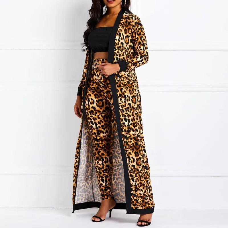 Clocolor Mulheres Terno Conjuntos Sexy Leopardo Imprimir Senhoras Primavera Outono de Manga Longa Coat Pantsuits Casual Moda Calças Roupas X0428