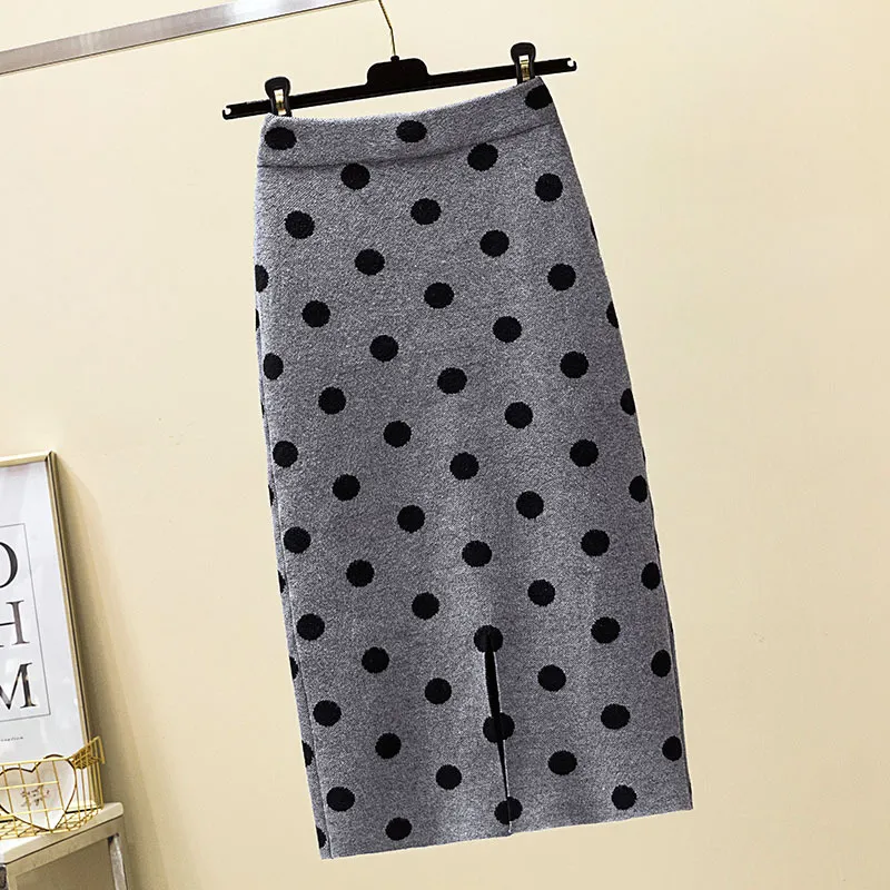 Coréen Automne Hiver Polka Dot Tricoté Jupe Douce Femmes Casual Stretch Taille Haute Jupes En Tricot Épais Femme Sexy 7313 50 210510