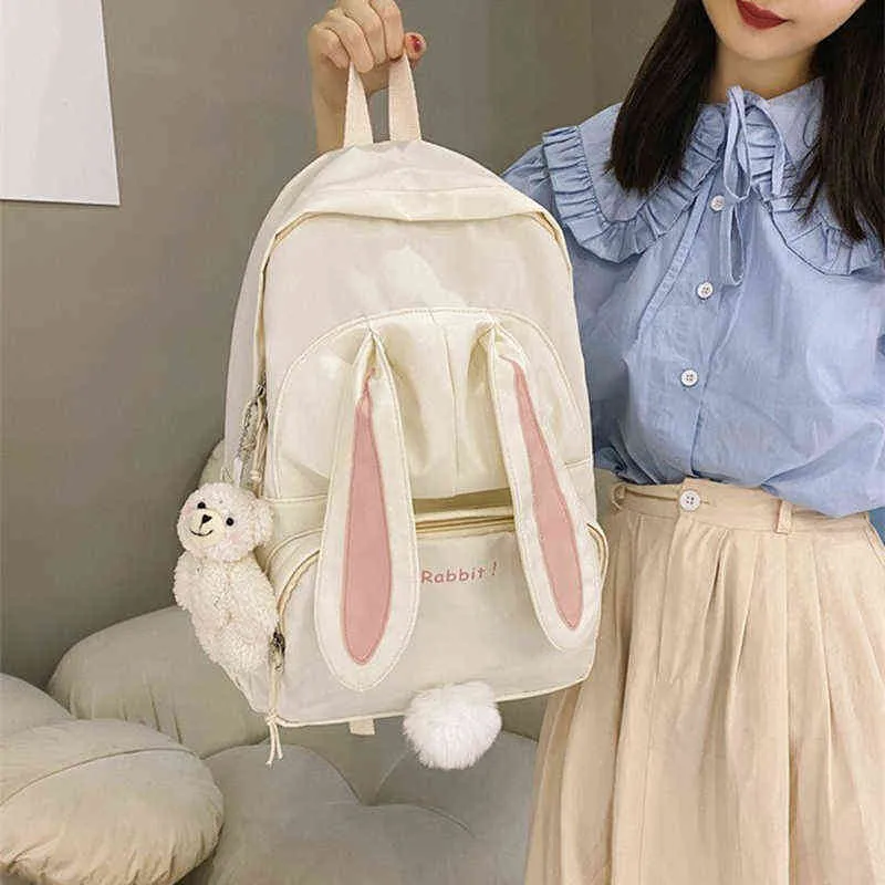 Kawaii Bunny Backpack Japão White High School Girl School Bag 3D Rabbit Tail Bag de grande capacidade Bolsa feminina à prova d'água Mochila Y308V