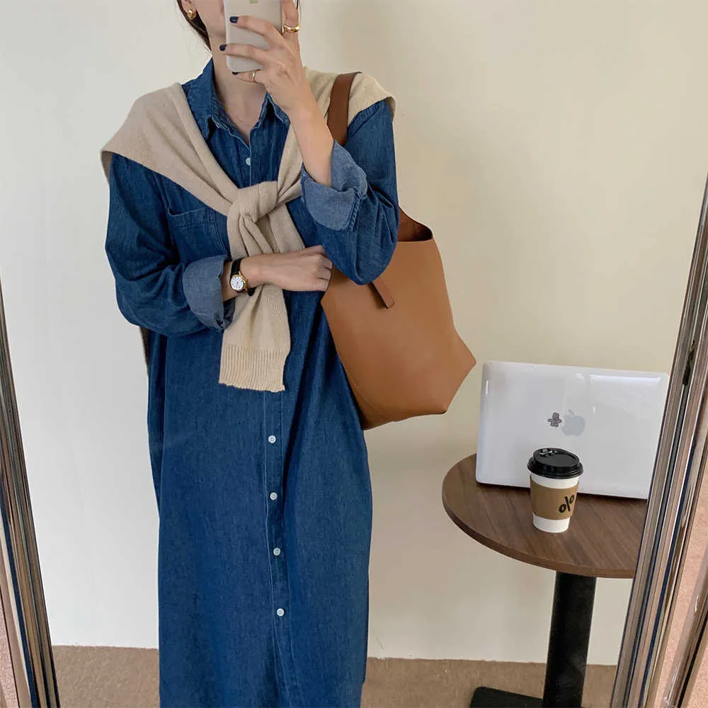 Élégant Femme Chic Outwear Denim Vintage Manches complètes Robes OL Sweet All Match Robes longues avec châle 210525