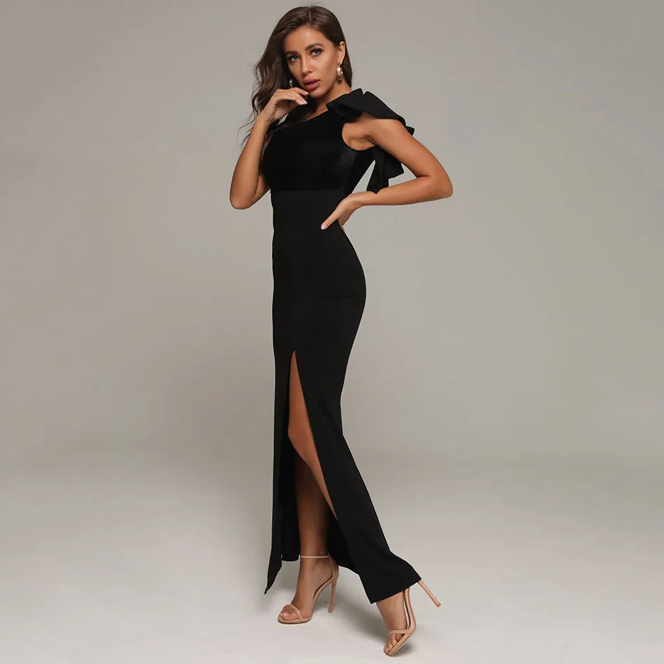 Free Sipping One Shoulder Women Dresses Sexy Sleeveless Ruffles Black Bodycon Split Dress Evening Club Party 210524