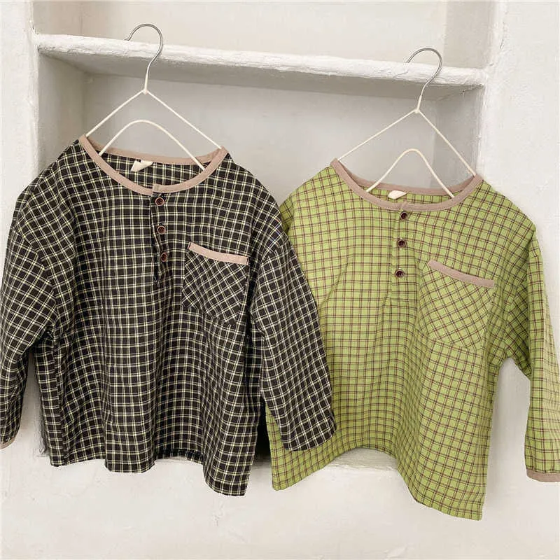 Korean style children Casual Plaid Shirts boys and girls Cotton Loose Long Sleeve Tops Clothes 210615