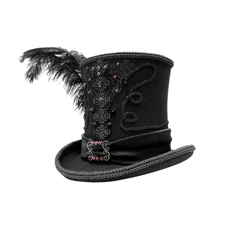 Gothic Vintage Top Hat Men Steampunk Cosplay Punk Party Caps Feather Decoration Drop High Quality Wide Brim Hats207b