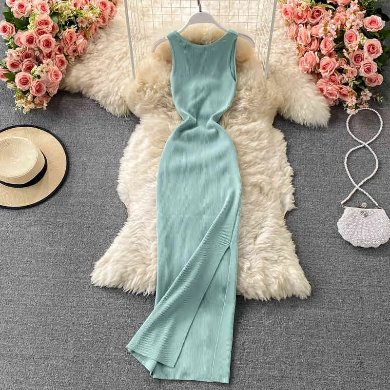 Summer Cotton Knitted Dress Elegant Women O Neck Sleeveless Stretch Slim Hip Dresses Sexy Party Split Mid-calf Dress Vestidos X0521