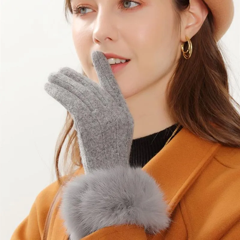 Cinq doigts gants mode fourrure femmes hiver cachemire écran tactile mignon fourrure mitaines chaudes femme doigt complet laine mittens239f