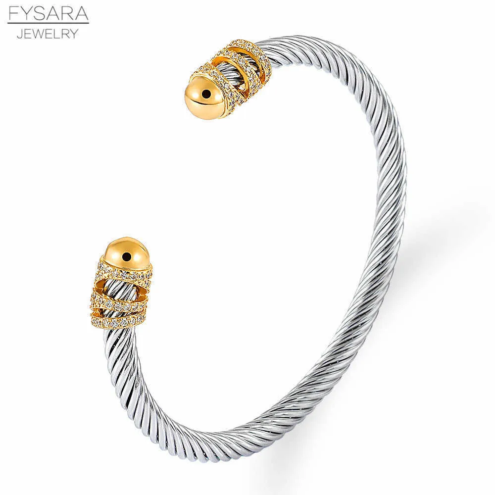 Pulseira de corda de arame empilhável de luxo FYSARA para casamento feminino com zircônia cúbica cristal CZ Dubai cor prata pulseira de festa 210609