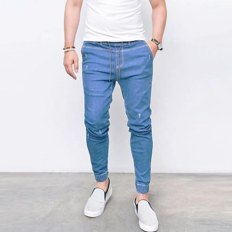 Casual Men Jeans Solid Slim Fit Full Lenght Pencil Pants Plus Size Light Blue Black Denim Jeans for Men Ripped Male Trousers 210318