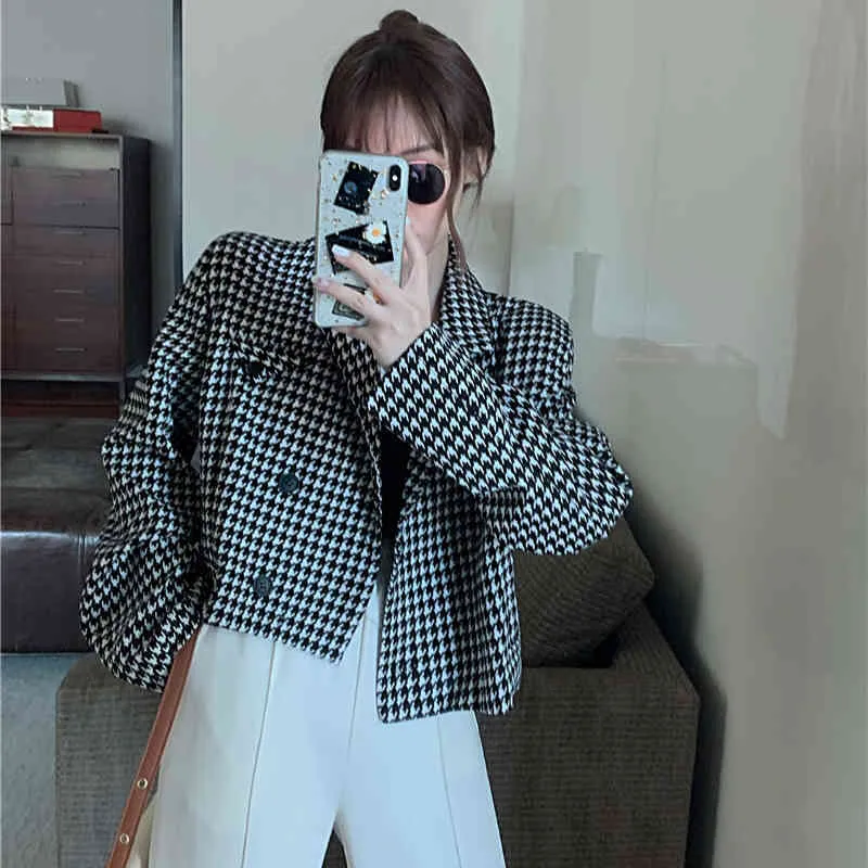 Vår Höst Kvinnors kapp Retro Hong Kong Style Houndstooth Mönster Kort kostymjacka Lossa Casual Långärmade Coats LL753 210506