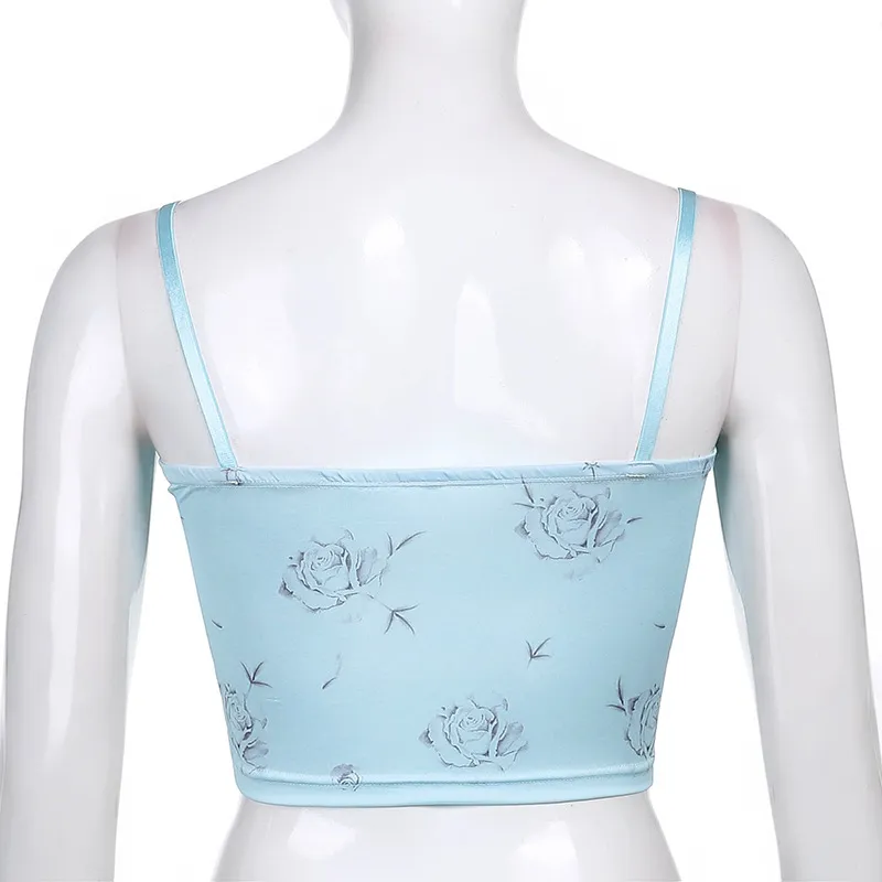 Y2K E Girl Corset Top Femmes Spaghetti Strap Dentelle Garniture Floral Imprimé Kawaii Vêtements Sans Manches Col En V Sexy Esthétique Cami Tops 210517