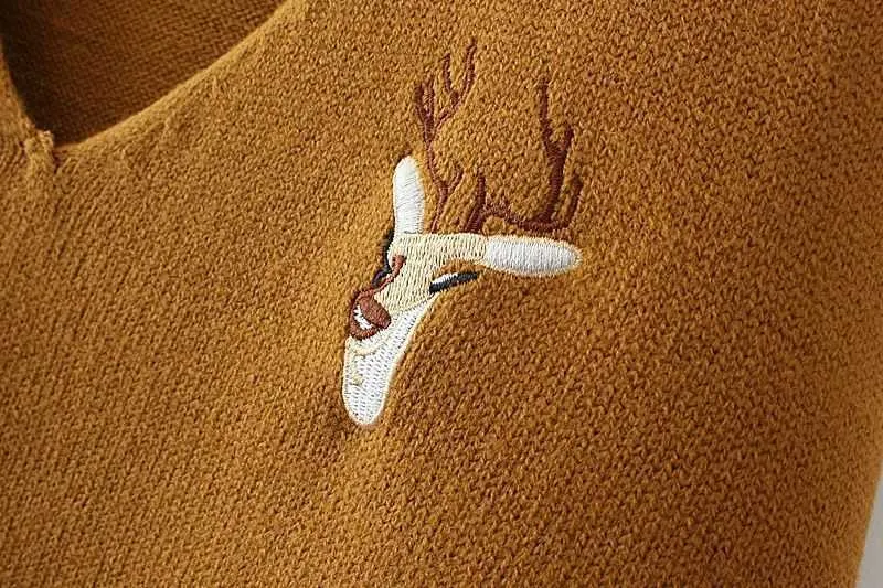 Casual Plus Größe V-ausschnitt Herbst Gestrickte Weste Für Frauen Deer Kopf Stickerei Pullover Veste Femme Winter Warme Asymmetrie Weste 210910