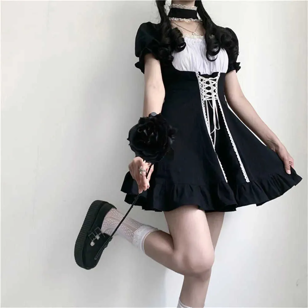 Japonais Lolita gothique manches bouffantes robe fille Patchwork Kawaii à lacets Mini robe vêtements Vintage robes d'été femmes 210619