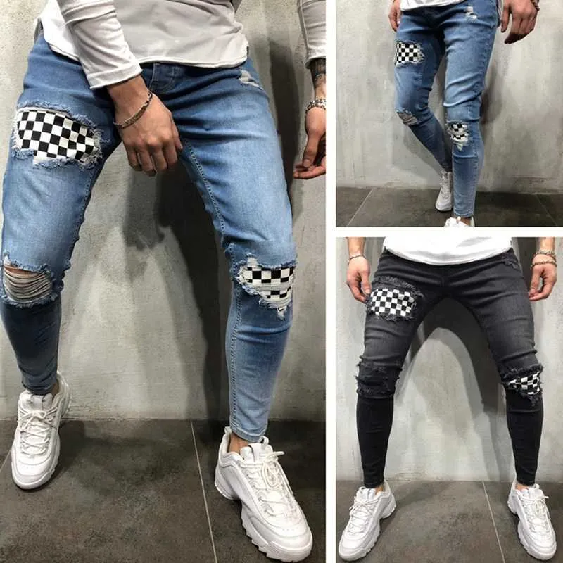 Herren Ripping Jeans Plaid Skinny Jeans Patchwork Bleistifthose mit kleinen Füßen Mode Die europäische große Größe Harajuku Pants X0621