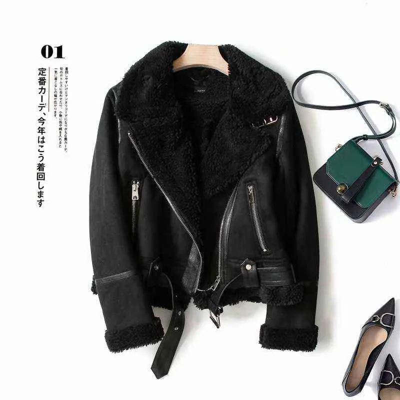 Ailegogo Women Winter Faux Shearling Shearling Fake Fake Skórzane Kurtki Lady Grube Ciepłe Zamszowe Jagnięta Krótkie Motocykl Brązowe Płaszcze 211112