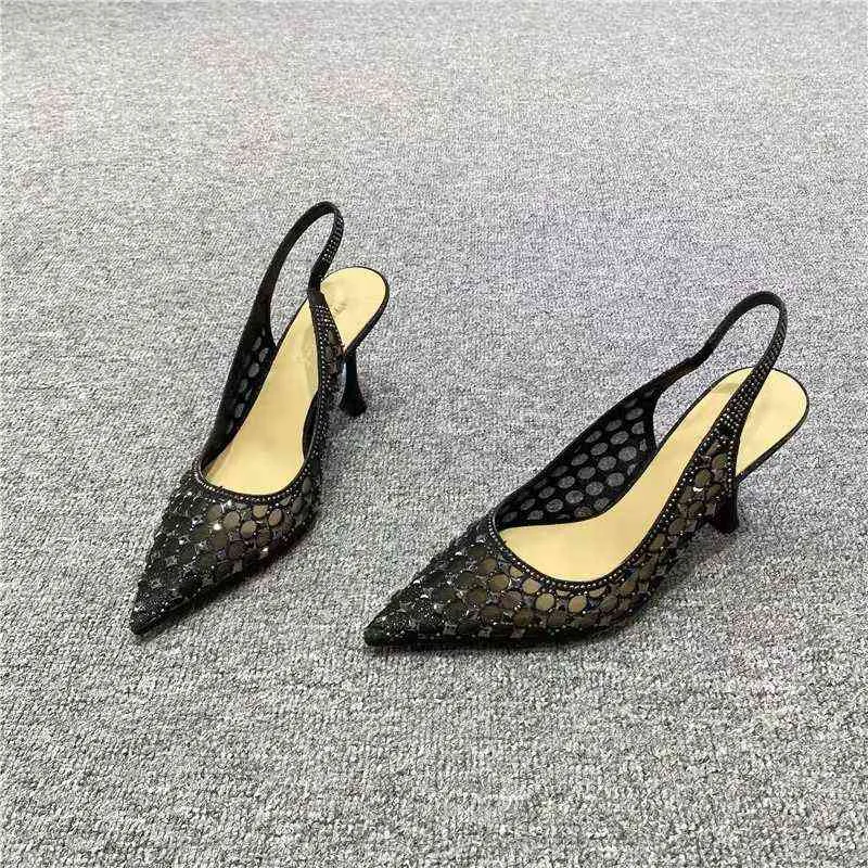 Sandels pointed Toe Sandals Spring and Autumn Fairy Diamond Encrusted Belt High Heeled Baotou Muller Half Slippers Women s Outerwear 220303