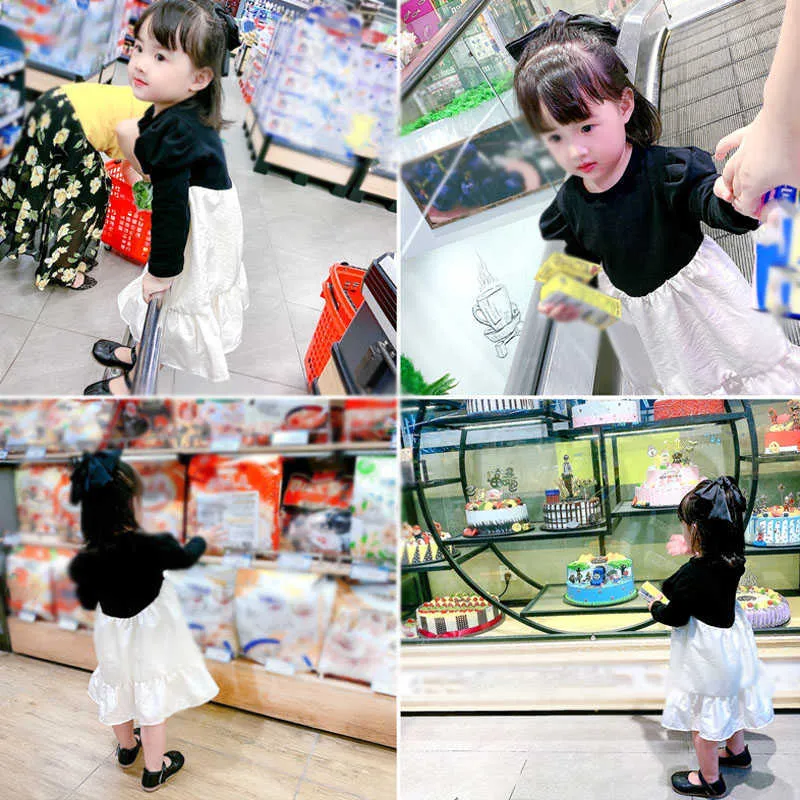 Herbst Mädchen Kleid Mode Kontrast Farbe Puff Sleeve Prinzessin mit Falten Baby Kinder Kinder Kleidung Für Mädchen 210625