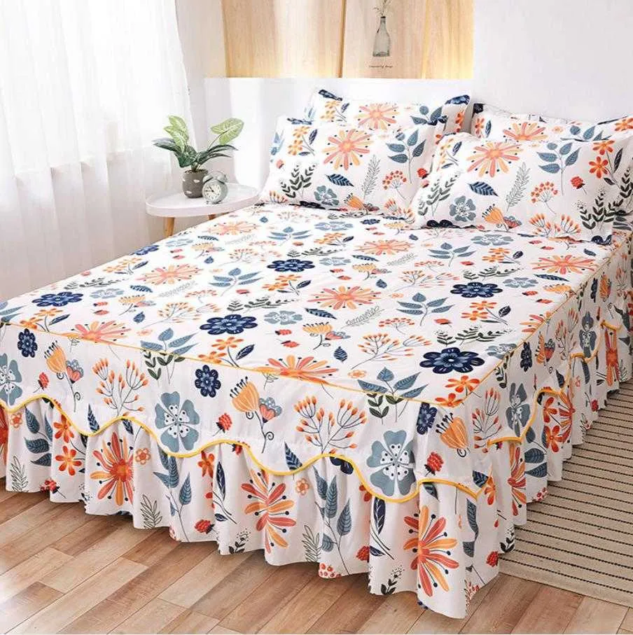Jupe de lit taies d'oreiller rose princesse literie drap de lit corée couvre-lits lin pour filles housse de matelas avec taie d'oreiller F0173 210706