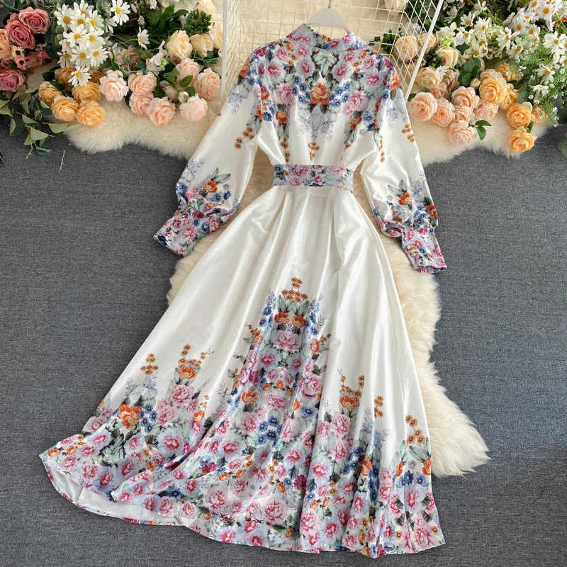 Women Vintage Long Dress Spring Summer Sleeve With Belt Bandage es Ladies Floral Print Blouse Beach Maxi 210525