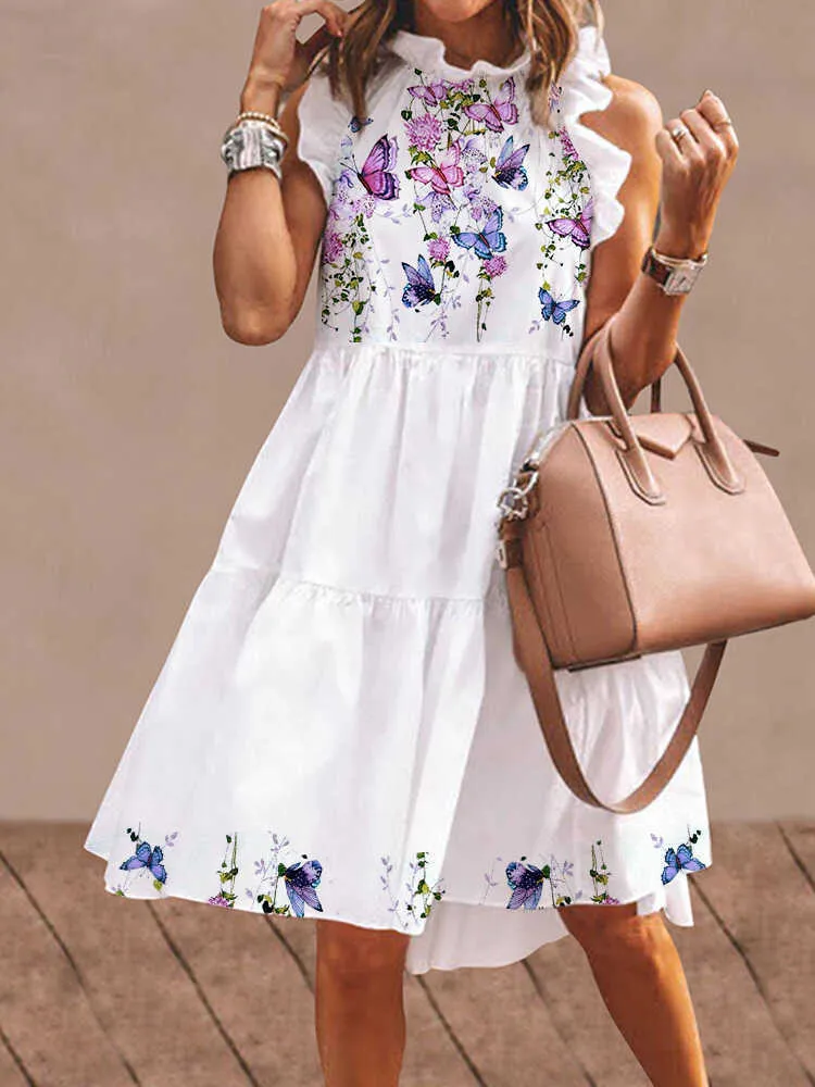 2020 Vacation Floral Printed Dress Summer Elegant Short Women Dresses Butterfly Sleeve Casual Ruffled Neck A-line Female Y0823