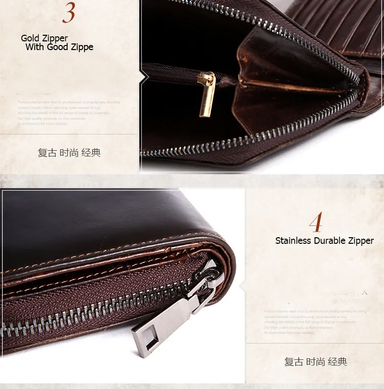 Hommes Long portefeuille Vintage en cuir véritable pochette sac à main mâle fermeture éclair porte-carte moraillon pliant pièce sac pour téléphone