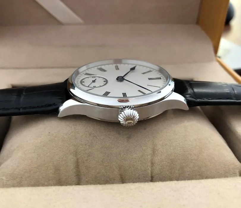 Relógios de pulso 41mm sem logotipo esmalte mostrador branco asiático 6498 17 jóias mão mecânica movimento vento mãos azuis relógios masculinos GR23-269m