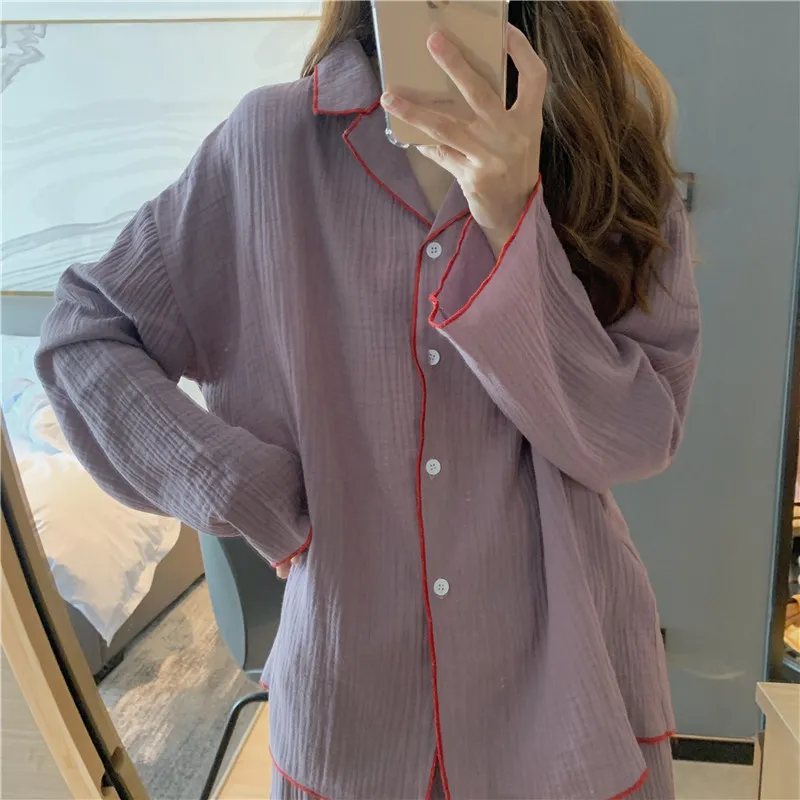 Chic Femme Vintage Sweet Casual Soft Color-Hit Sleepwear Stylish Women Loose Homewear Cotton Pyjamas Sets 210525