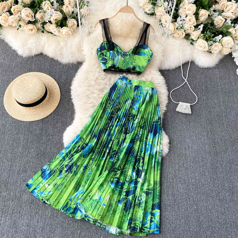 Zomer sexy chiffon lange rok set sundress vakantie dames kant vrouwen tube top hoge taille geplooide tweedelige sets vrouwelijke 210514