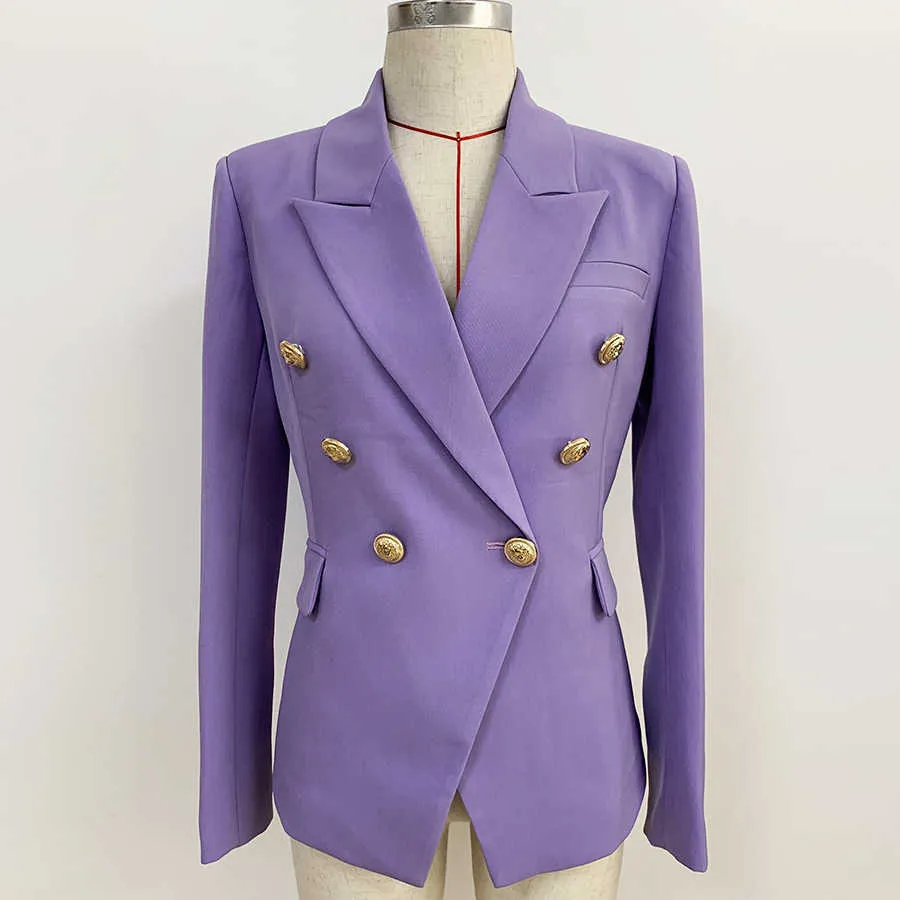 Högkvalitativ EST Designer Blazer Jacket Kvinnors Metal Lion Knappar Dubbelbröst Lilac Plus Storlek S-3XL 210930