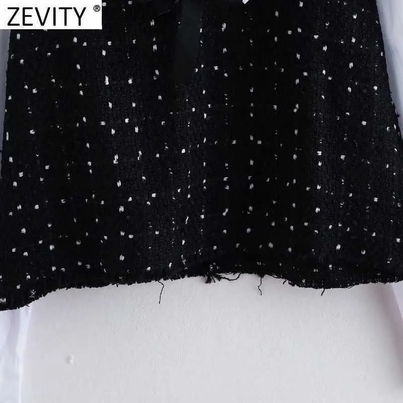 Zevity Women Vintage Turn Down Collar Poplin Patchwork Tweed Woolen Smock Blouse Female Bow Tied Shirts Chic Blusas Tops LS7493 210603