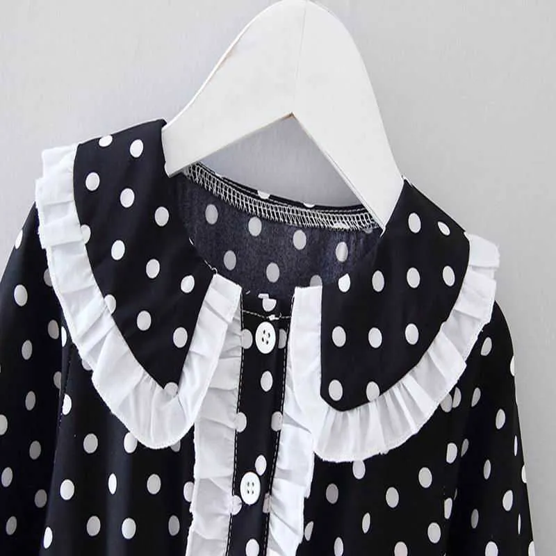 Kızlar Elbise Sonbahar Güz Polka Dot Siyah Beyaz Uzun Kollu Prenses Çocuk Giysileri için E20503 210610