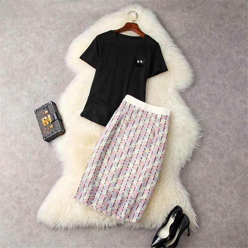 Fashion Summer Women's Clothing Short Sleeve White T Shirt and Embroidery Pencil Skirt Suit Set Office Lady Outfits 210601