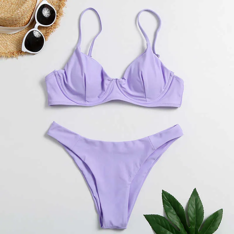 Bikini con lacci monospalla viola Costumi da bagno Bikini solidi Mujer Push Costume da bagno con coulisse Cravatta Costumi da bagno 210621