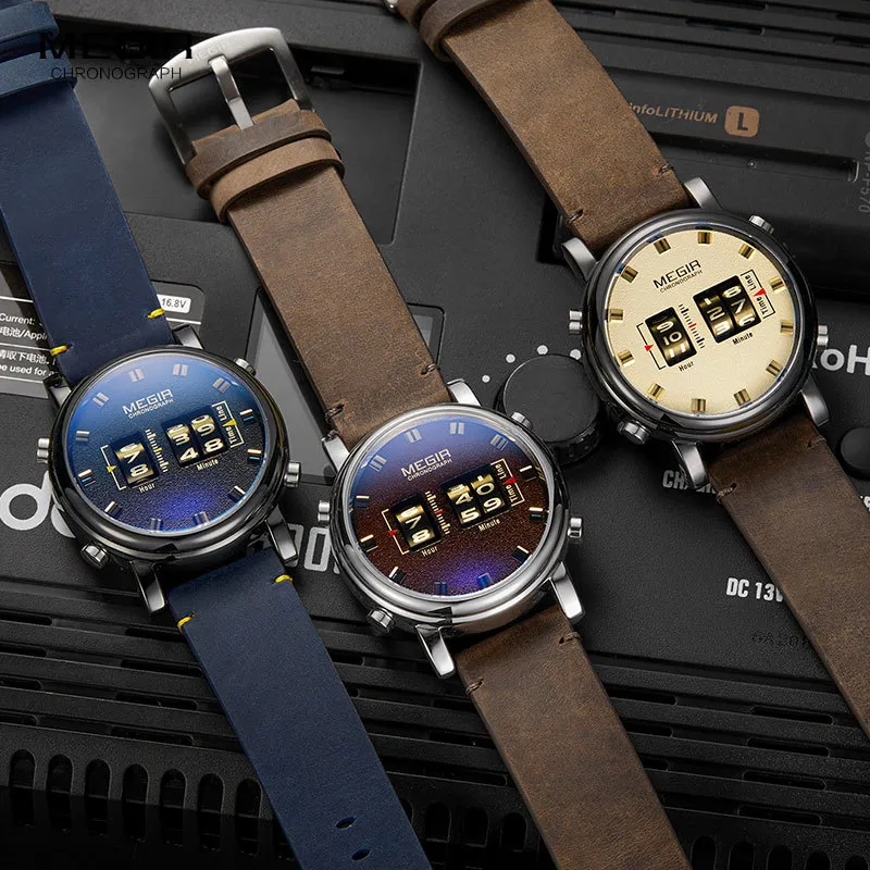 MEGIR новые часы с лучшим ремешком, мужские часы в стиле милитари, спортивные коричневые кожаные кварцевые наручные часы, роскошные барабанные ролики relogio masculino 2137 210329268c