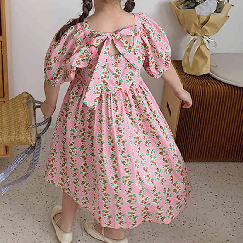 Summer Halter Bowknot Girls Dress de manga corta para niños Floral 3-7 años de edad Impreso ropa para niños 210515
