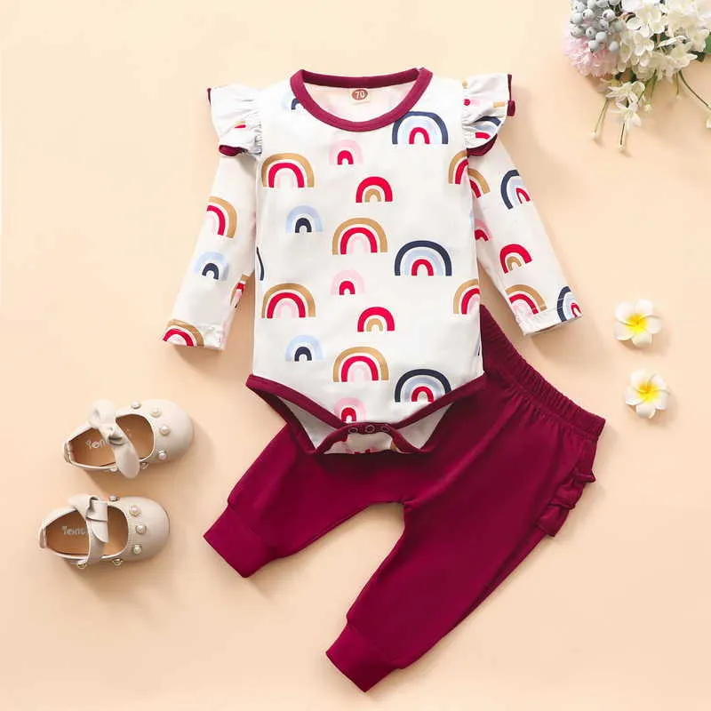 Wholesale Spring Baby 2-piece Sets Cotton Long Sleeve Romper +long Pants Rainbow Cute Cartoon Boy Girl Clothes E1001 210610