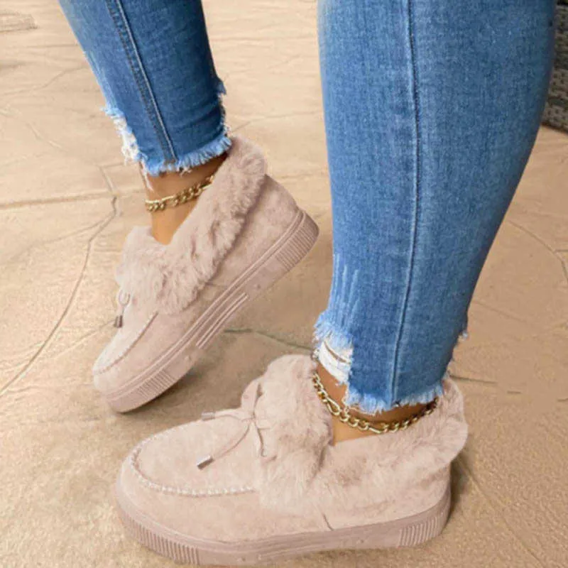 2021 nowych kobiet zimowe bawełniane buty damskie Bowknot pluszowe ciepłe buty na śnieg dorywczo jednokolorowe płaskie krótkie buty Furry Zapatos Mujer H0906