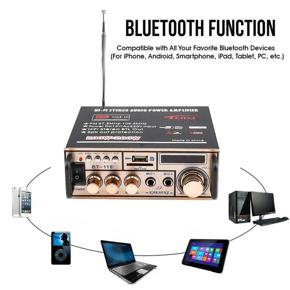 HIFI LCD Digital Bluetooth O Power Amplifier Car Bass Home Theatre Amplificador Speaker Treble Control Support FM USB SD9140020