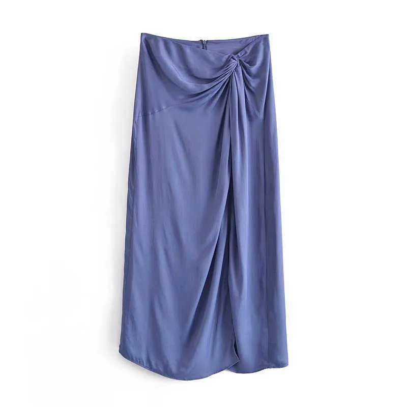 Za Satin Knotted Blue Skirt Women High Waist Front Slit Vintage Midi s Woman Fashion Back Hidden Zip Pleated 210708