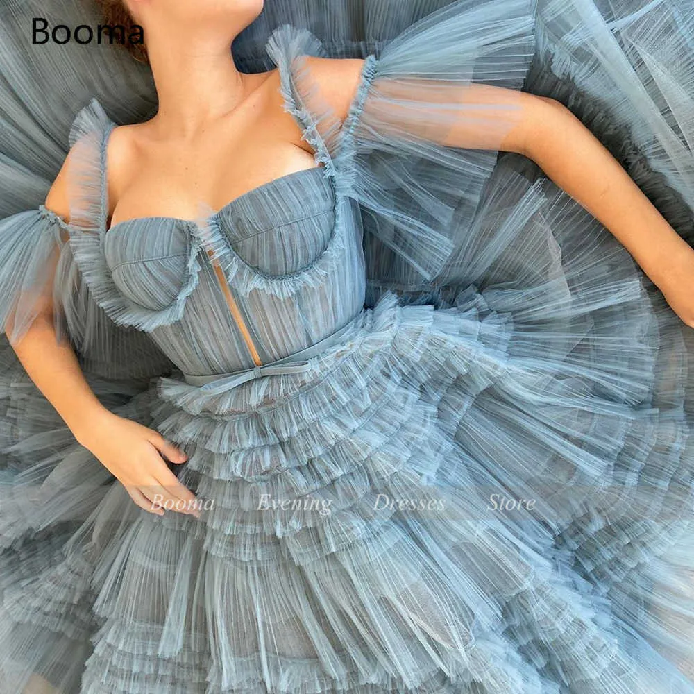 Boom Blue Long Prom Dresses Sweetheart Crumpled Tule Ruffles Avondjurken Off Shoulder Tiered A-Line Party Jurken Bow Belt 210719