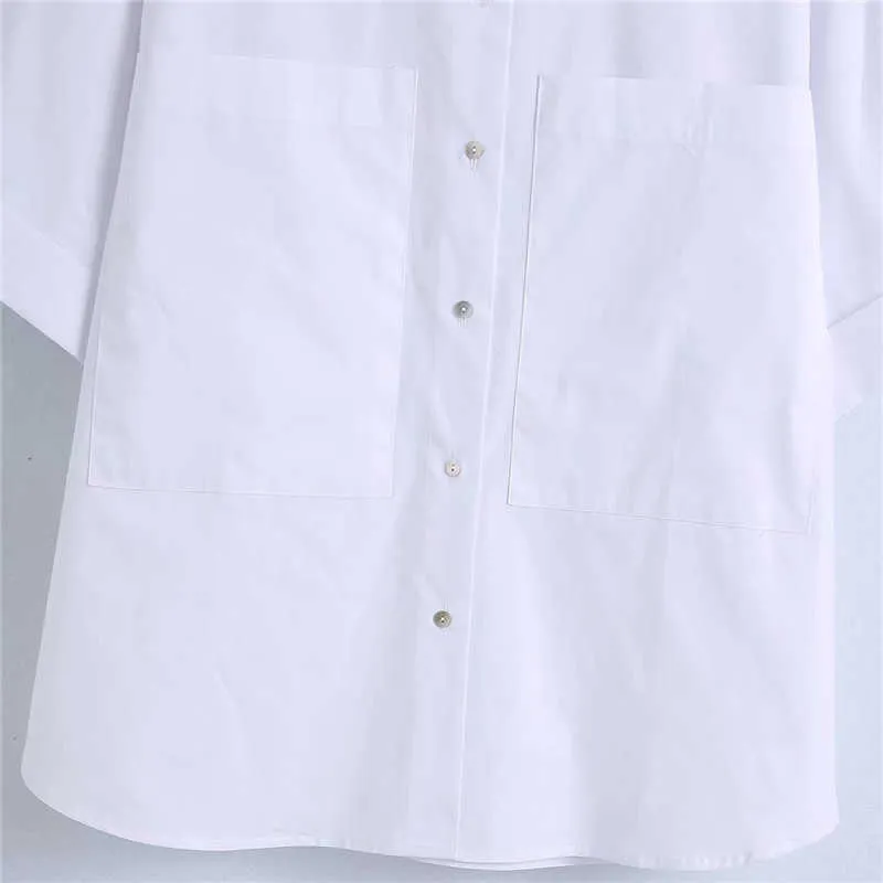 Women Oversized Short Sleeve Shirt Za White Plus Size Loose Summer Shirts Woman Chic Button Up Patch Pockets Long Top 210602