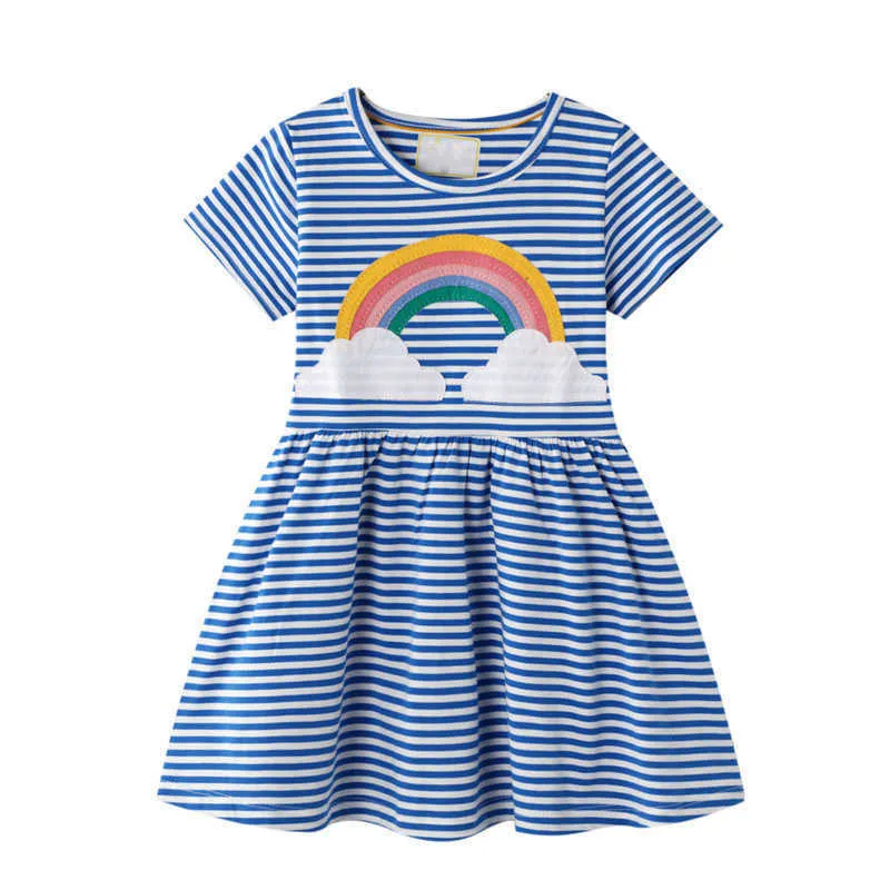 2021 Mädchen Sommerkleid Regenbogen Kleider Sukienki Kinder Kleidung Mädchen Sukienka Robe Vetement Fille Stripped Baumwolle Vestido Ropa Q0716