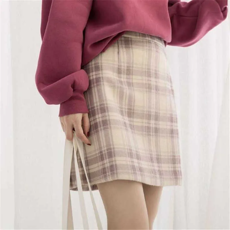 Casual mujeres lana falda a cuadros japonés harajuku ulzzang vintage cintura alta una línea falda moda femenina coreano kawaii linda falda 210619