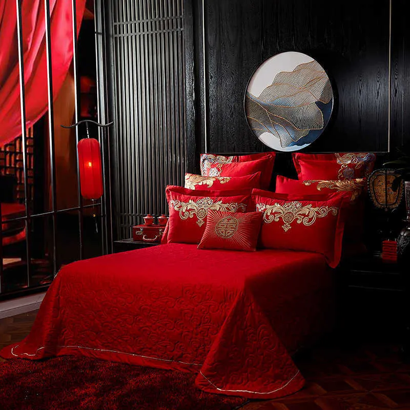 Nuevo rojo de lujo Gold Phoenix Loong bordado boda china 100% algodón juego de cama funda nórdica sábana colcha fundas de almohada H210V