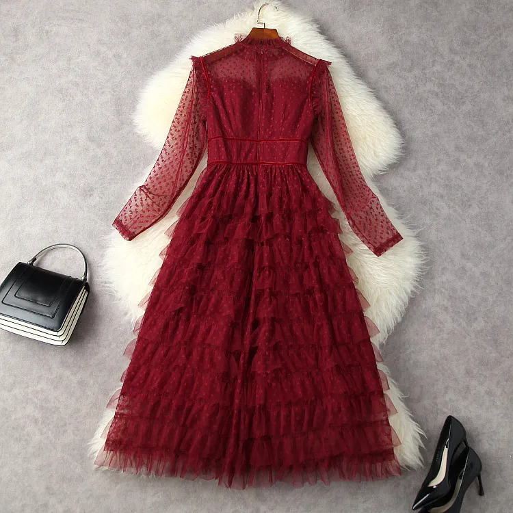 Long Sleeve Hearts Tulle Panelled Tweed Dress Tiered Round Neck Black / Red Mid-Calf Elegant Casual Dresses L3W132819