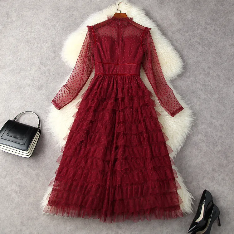 Tiulowe tweedowe sukienki z długim rękawem Współczynnik okrągły szyję czarny / czerwony eleganckie sukienki w połowie kalpli L3W132819