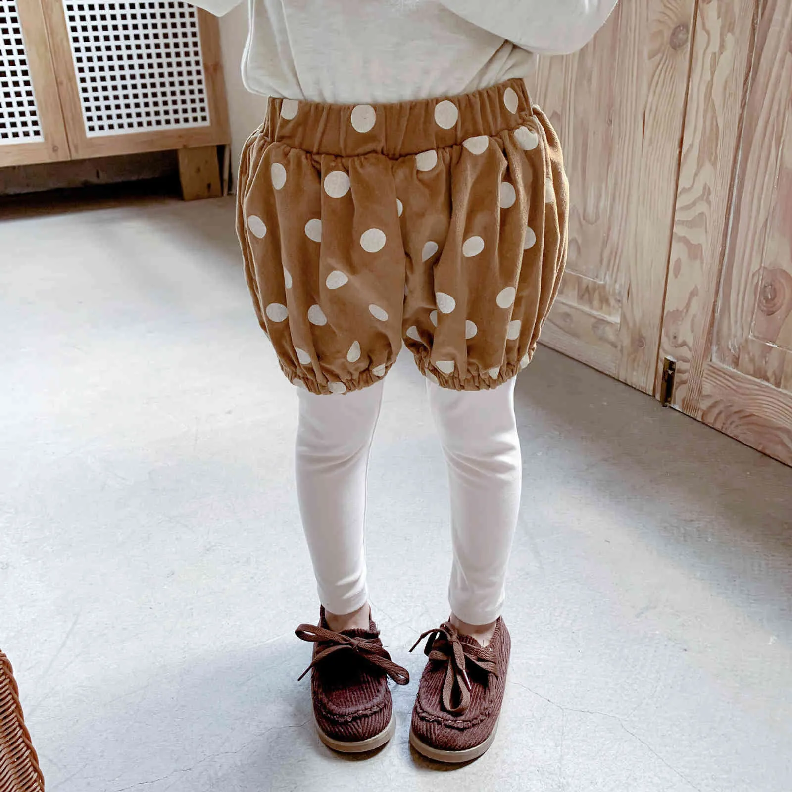 Automne jolies filles dot velours côtelé faux deux pièces pantalons bébé fille shorts décontractés avec leggings 210508
