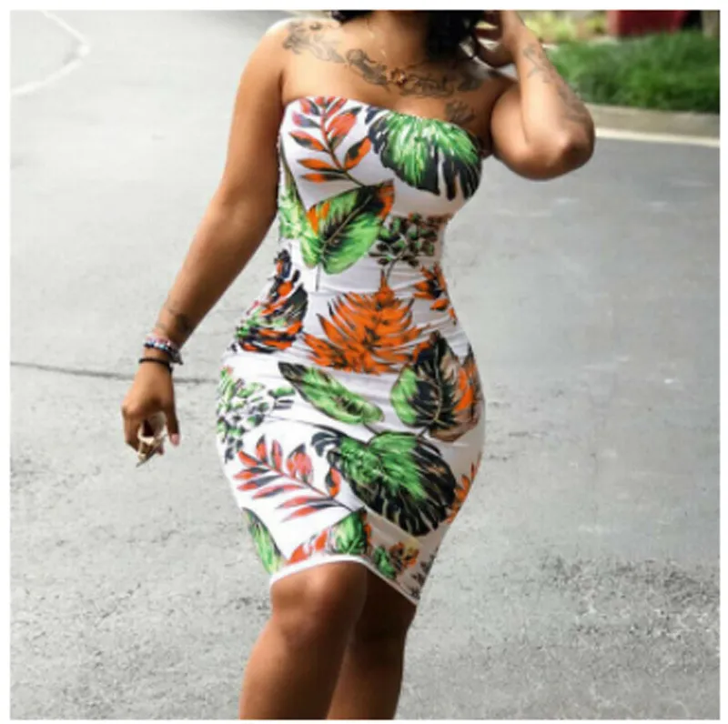 Women Dress Summer Sleeveless Floral Print Strapless Bodycon Party Cocktail Plus Size Wrap Chest Bag Hip S-3XL Clubwear 210522