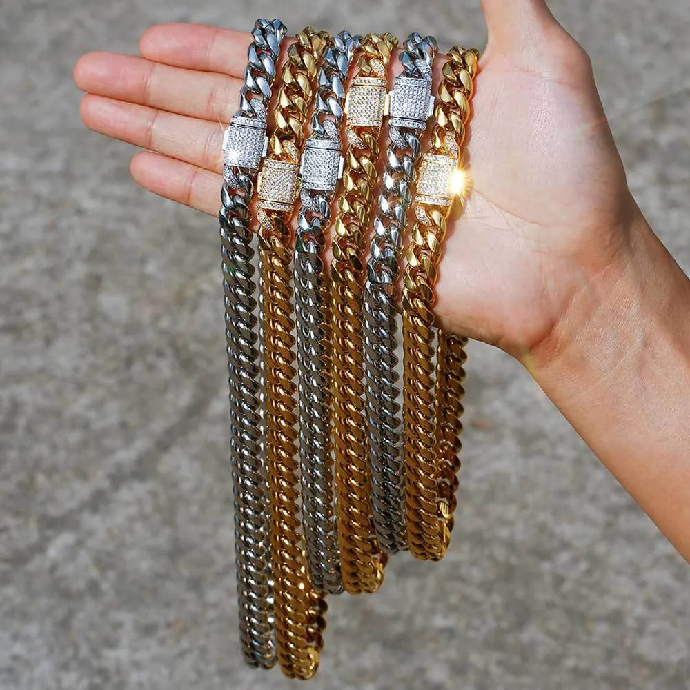 Conjuntos de 2 piezas de collar y pulsera para hombre de acero titanio Hip Hop Miami con hebilla de resorte de circón cadena cubana Po2086
