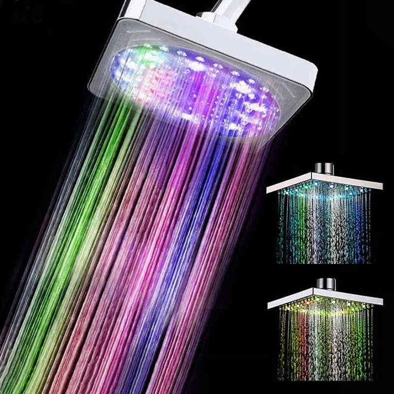 Colorful LED Square Rainfall Shower Head Spary Light Water Sprinkler Bathroom Wall Mounted Bathroom Tool Led Showerhead Dropship H1209